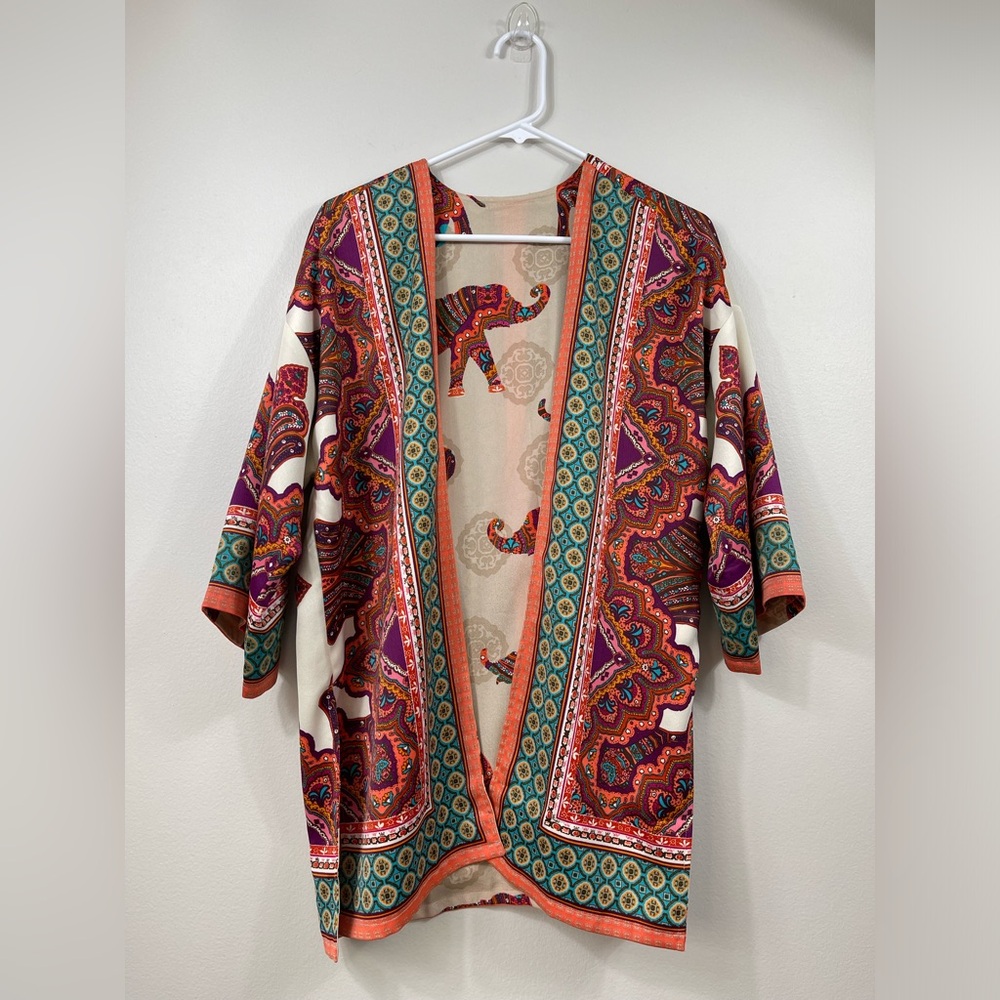 Chico’s Reversible Jacket Open-Front Medallion Elephant Print Kimono Size S/M? - Picture 10 of 16